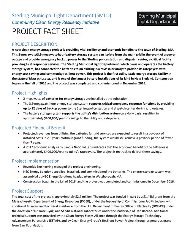 Project Overview: Sterling Municipal Energy Storage Project - Clean ...